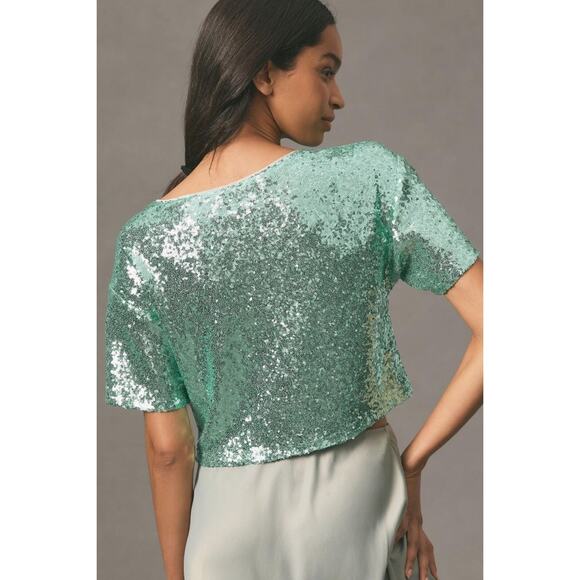 Anthropologie boxy cropped green sequin blouse size XLP - Picture 7 of 7